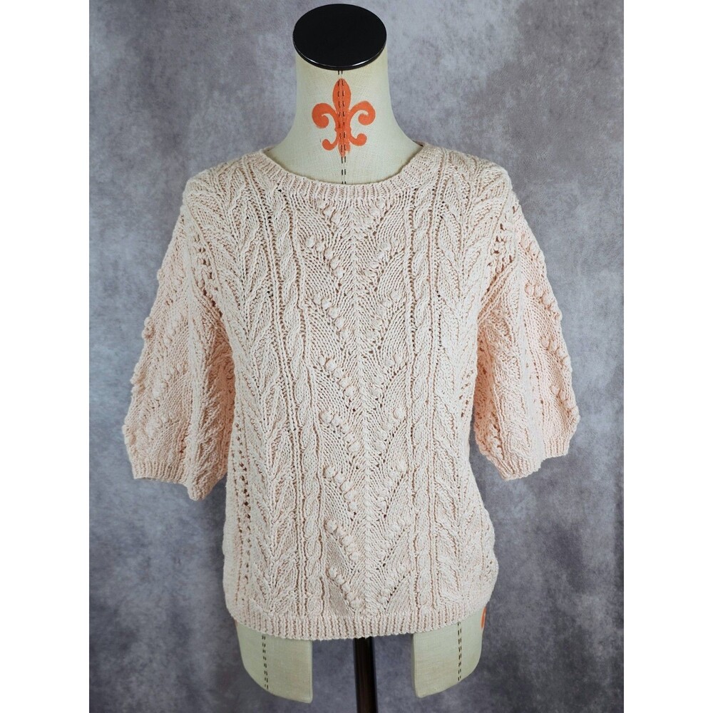 VTG Needleworks Hand Knitted  Short Sleeve Sweater Women M Chunky Cable Pink EUC